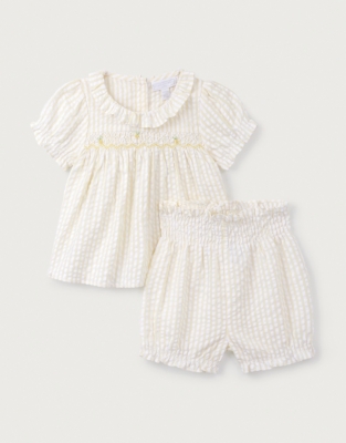 Organic Cotton Seersucker Hand Smocked ‘Lemon’ Top & Bloomers Set (0–24mths)