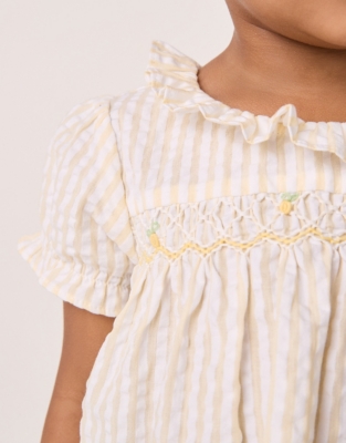 Organic Cotton Seersucker Hand Smocked ‘Lemon’ Top & Bloomers Set (0–24mths)