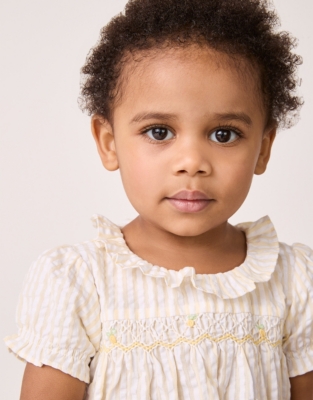 Organic Cotton Seersucker Hand Smocked ‘Lemon’ Top & Bloomers Set (0–24mths)