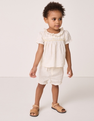 Organic Cotton Seersucker Hand Smocked ‘Lemon’ Top & Bloomers Set (0–24mths)
