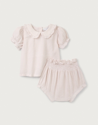 Organic Cotton Seersucker Stripe Blouse & Shorts Set (0–24mths)