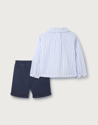 Organic Cotton Seersucker Stripe Jacket, Rib T-Shirt & Jersey Shorts (0–18mths)