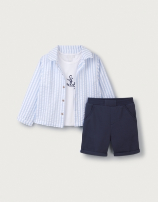 Organic Cotton Seersucker Stripe Jacket, Rib T-Shirt & Jersey Shorts (0–18mths)