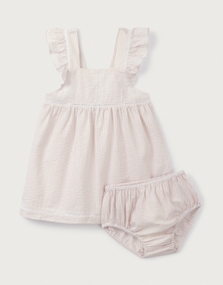 Organic Cotton Seersucker Stripe Ruffle Pinafore Dress (0–18mths)