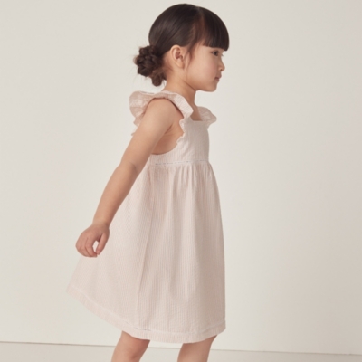 Organic Cotton Seersucker Stripe Ruffle Pinafore Dress (18mths–6yrs)