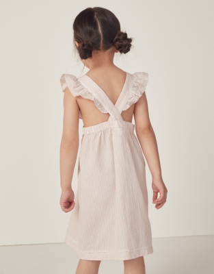 Organic Cotton Seersucker Stripe Ruffle Pinafore Dress (18mths–6yrs)