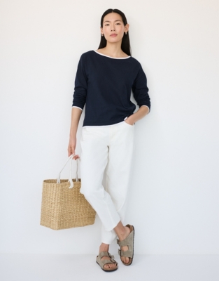 Organic Cotton Slash Neck Double Layer Top - Navy