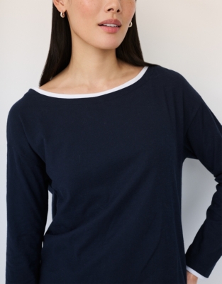 Organic Cotton Slash Neck Double Layer Top - Navy