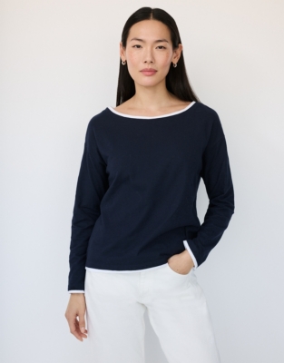 Organic Cotton Slash Neck Double Layer Top - Navy