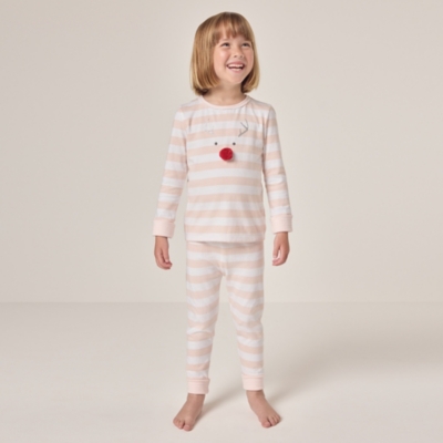 Organic Cotton Slim Fit Pink Striped Jingles Reindeer Pyjamas (1–12yrs)