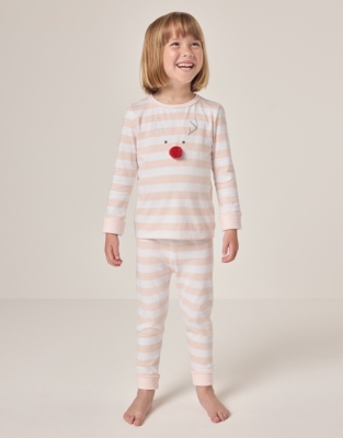 Organic Cotton Slim Fit Pink Striped Jingles Reindeer Pyjamas (1–12yrs)