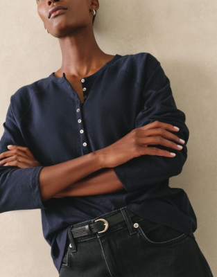 Organic Cotton Slub Relaxed Henley Top - Navy