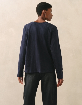 Organic Cotton Slub Relaxed Henley Top - Navy
