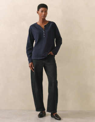 Organic Cotton Slub Relaxed Henley Top - Navy
