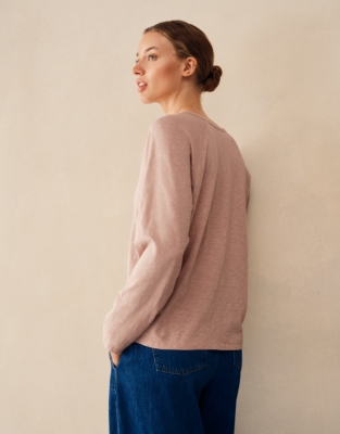 Organic Cotton Slub Relaxed Henley Top - Washed Pink