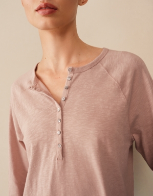 Organic Cotton Slub Relaxed Henley Top - Washed Pink