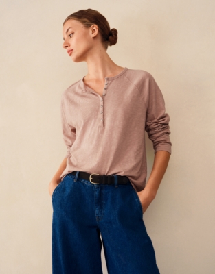 Organic Cotton Slub Relaxed Henley Top - Washed Pink