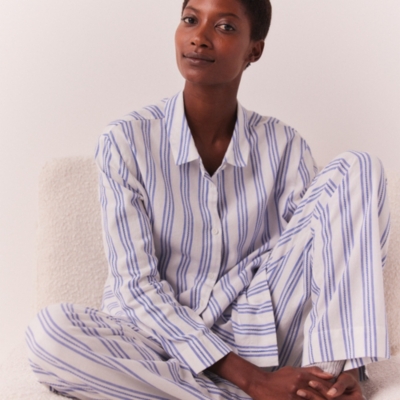 Ladies Gingerlilly Navy Blue Striped Satin Long Pyjamas PJS Zariah