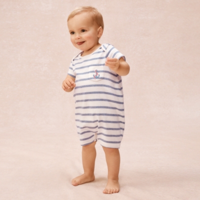 Organic Cotton Stripe & Anchor Embroidered Shortie Sleepsuit (0–2yrs)