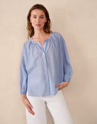 Organic Cotton Stripe Boho Blouse - Blue Stripe