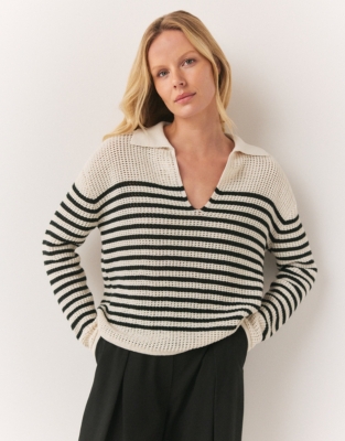 Organic Cotton Stripe Collared Jumper Jumpers & Cardigans The White