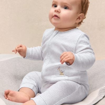 Organic Cotton Stripe Party Animal Embroidered Pocket Sleepsuit (0–24mths)