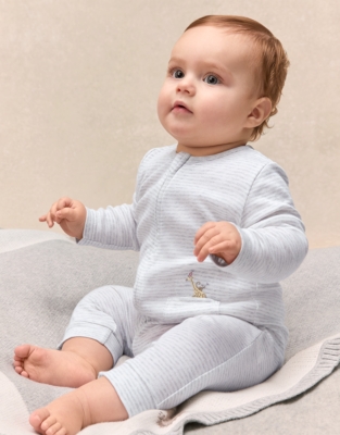 Organic Cotton Stripe Party Animal Embroidered Pocket Sleepsuit (0–24mths)