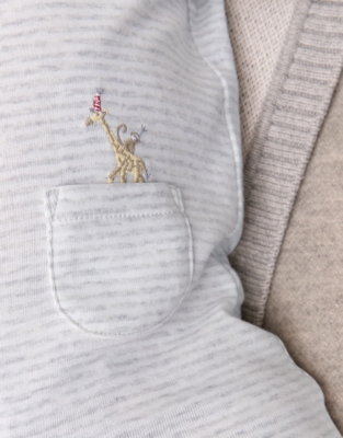 Organic Cotton Stripe Party Animal Embroidered Pocket Sleepsuit (0–24mths)