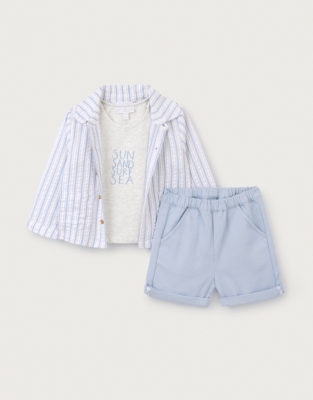 Organic Cotton Stripe Seersucker Jacket, T-Shirt & Corded Shorts Set (0–18mths)