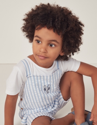Organic Cotton Striped ‘Lobster’ Embroidered Dungarees & T-Shirt Set (18mths–6yrs)