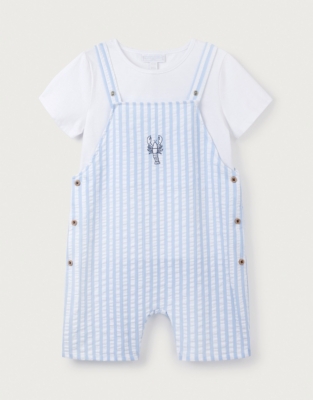 Organic Cotton Striped ‘Lobster’ Embroidered Overalls & T-Shirt Set (0–18mths)