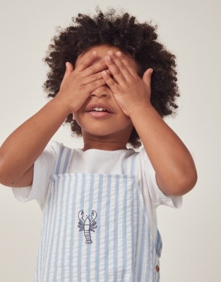 Organic Cotton Striped ‘Lobster’ Embroidered Overalls & T-Shirt Set (18mths–6yrs)
