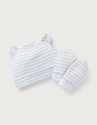 Organic Cotton Striped Hat & Mittens Set (0–12mths)