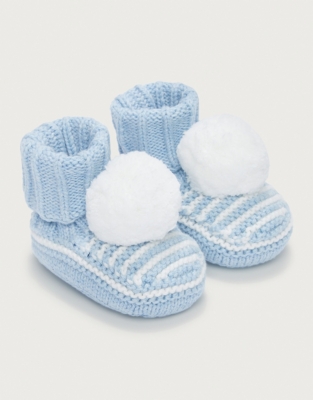 Organic Cotton Striped Knitted Pom-Pom Booties (0–12mths)