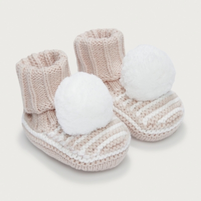 Organic Cotton Striped Knitted Pom Pom Booties (0–12mths)