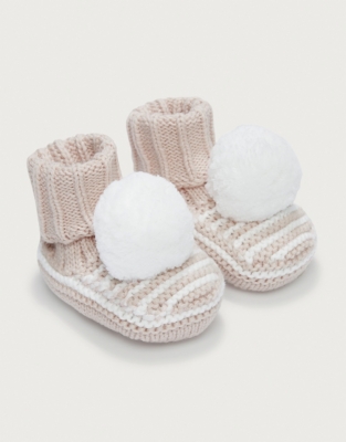 Organic Cotton Striped Knitted Pom Pom Booties (0–12mths)