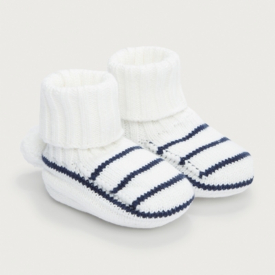 Organic Cotton Striped Knitted Pom Pom Booties (0–12mths)