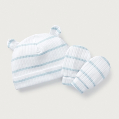 Organic Cotton Striped Rib Hat & Mittens Set (0–12mths)