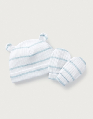 Organic Cotton Striped Rib Hat & Mittens Set (0–12mths)