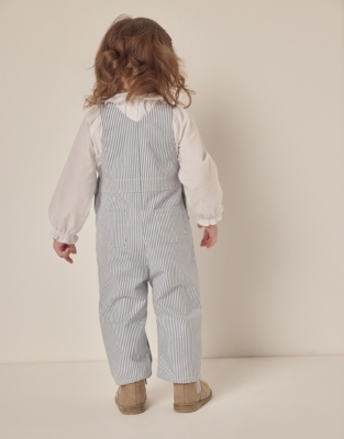 Organic Cotton Striped Twill Dungarees & Frill Collar Blouse Set (0–18mths)