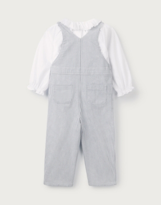 Organic Cotton Striped Twill Dungarees & Frill Collar Blouse Set (0–18mths)