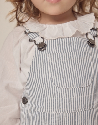 Organic Cotton Striped Twill Dungarees & Frill Collar Blouse Set (0–18mths)