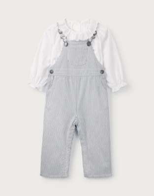 Organic Cotton Striped Twill Dungarees & Frill Collar Blouse Set (0–18mths)