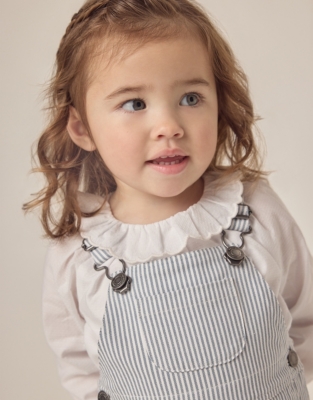 Organic Cotton Striped Twill Dungarees & Frill Collar Blouse Set (0–18mths)