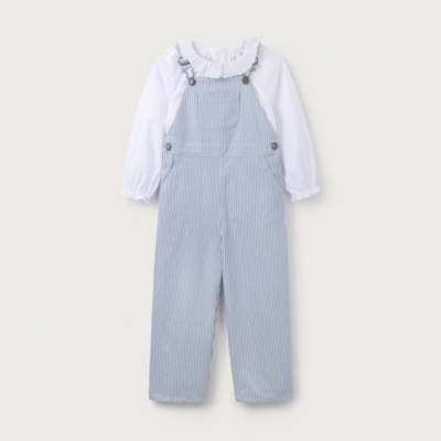 Organic Cotton Striped Twill Dungarees & Frill Collar Blouse Set (18mths–6yrs)