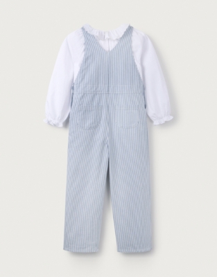 Organic Cotton Striped Twill Dungarees & Frill Collar Blouse Set (18mths–6yrs)