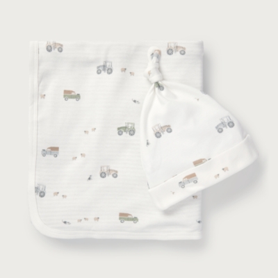 Organic Cotton Tractor & Stripe Reversible Blanket & Hat Set (0–12mths)