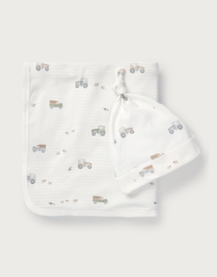 Organic Cotton Tractor & Stripe Reversible Blanket & Hat Set (0–12mths)