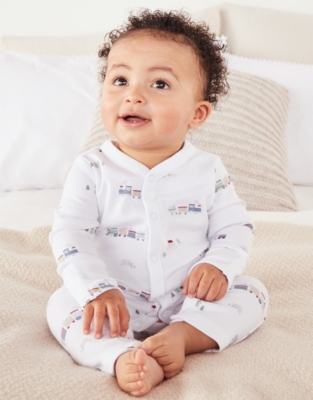 Organic Cotton TrainPrint PopperDown Sleepsuit (09mths) Baby