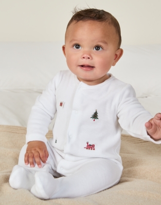 Organic Cotton Velour Embroidered Sleepsuit (0–24mths)